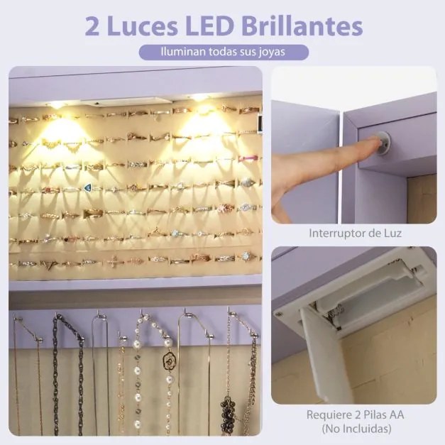 Armário de joias em madeira com espelho de parede e LED interno Organizador de porta ou parede com chave 35,5 x 10 x 120 cm Púrpura
