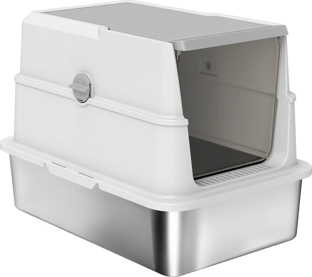 Caixa de areia fechada XL em aço inoxidável, casa de higiene para gatos de grande porte, 60,2 x 40,2 x 43,3 cm, cinzento claro