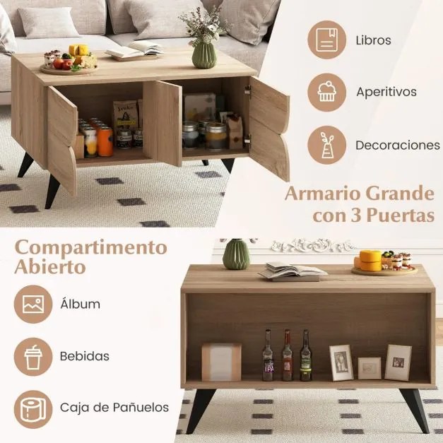 Mesa de centro Moderna 80 x 60 x 46 cm com Armazenamento e com Compartimento Aberts e 3 Gavetas 4 Pernas Natural
