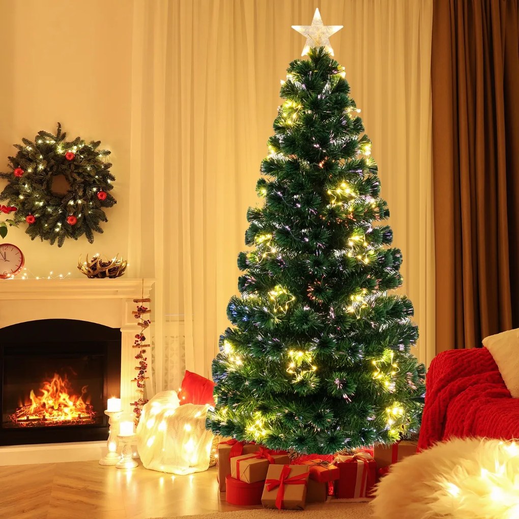 Árvore de Natal de fibra ótica artificial de 180 cm pré-iluminada com luzes de corda ajustáveis em base metálica colorida Verde