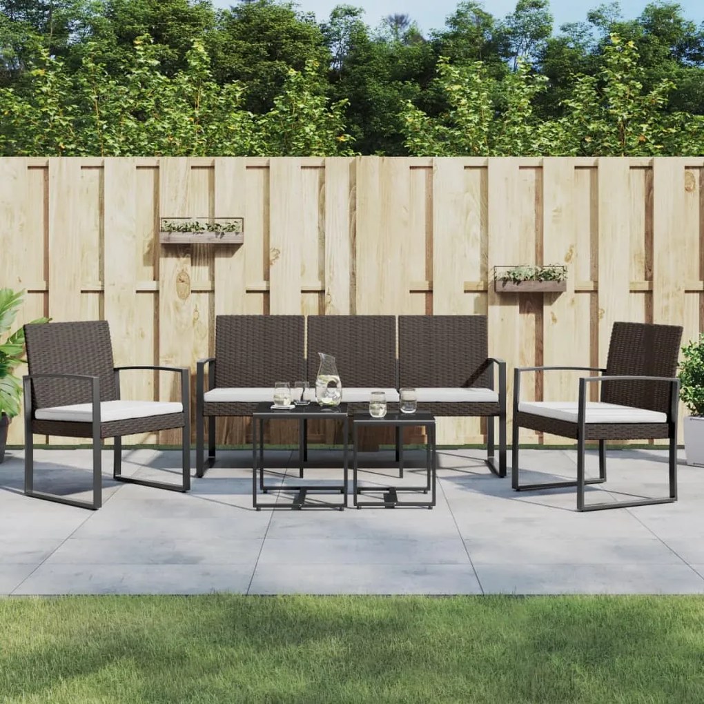 vidaXL 5 pcs conjunto jantar p/ jardim c/ almofadões vime PP castanho