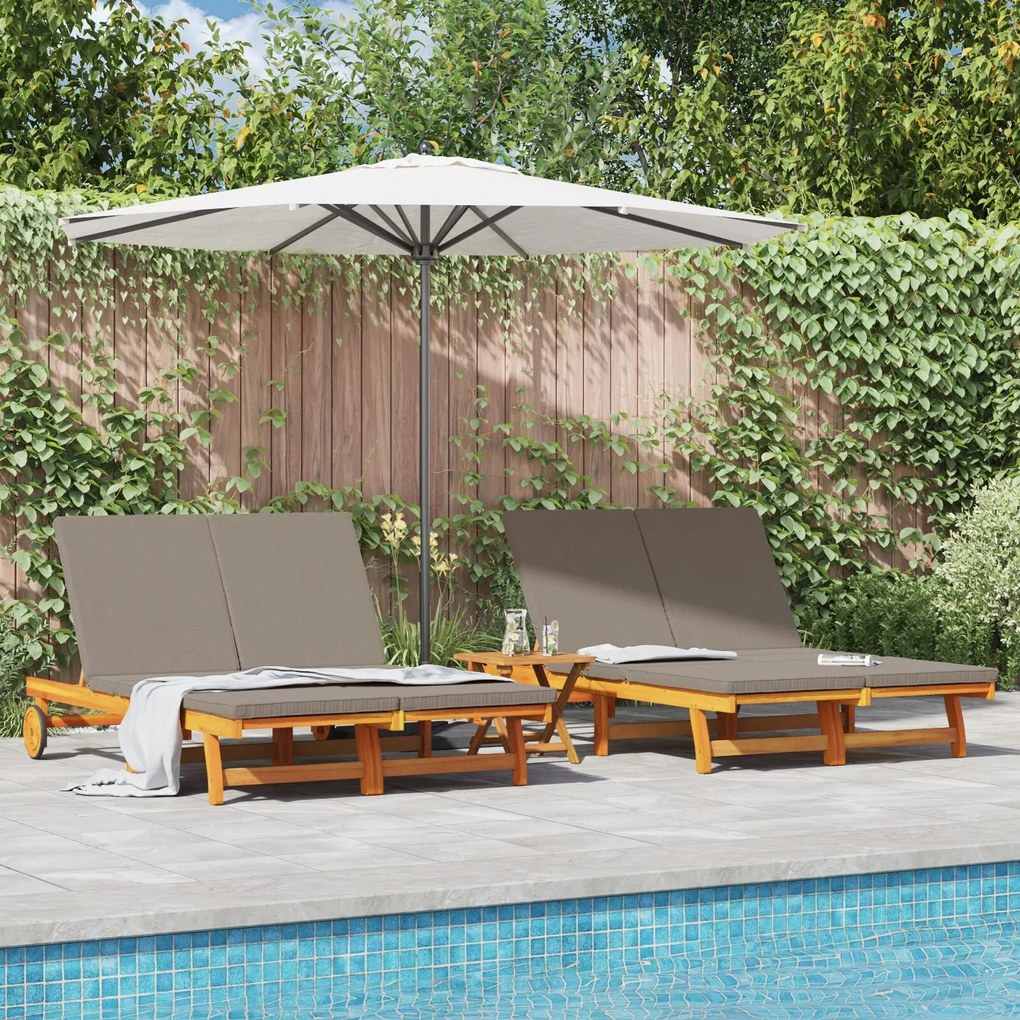 Chaise-longue dupla vidaXL com rodas e almofada de madeira maciça de a