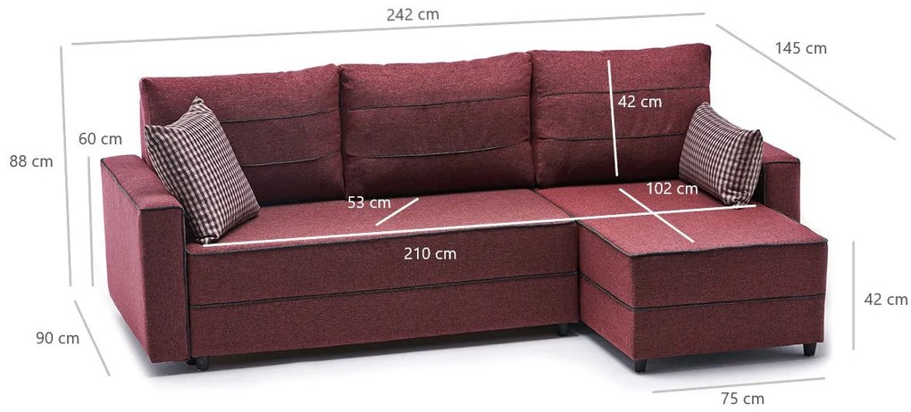 Sofá-Cama de Canto Ece – Vermelho Claret – 242 cm x 88 cm x 90 cm