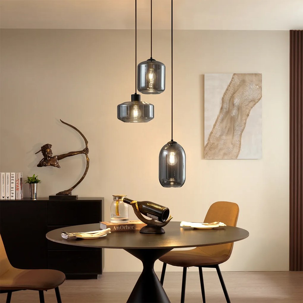 Candeeiro suspenso moderno preto com vidro fumado 3-luzes - Sheena