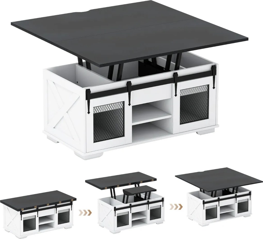 Mesa de centro 105 x 54 x 48,5 cm com tampo elevável estilo rústico, 2 portas deslizantes, 3 compartimentos ocultos, sala de estar, painel branco Pret