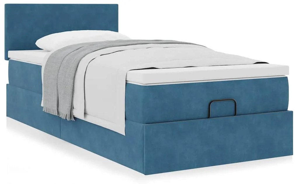 Estrutura cama otomana com colchão azul escuro 90x190cm veludo