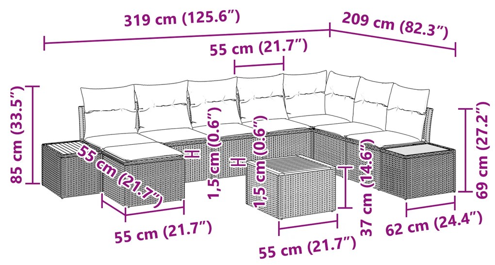 Conjunto de Sofá para Jardim com 9 Peças com Almofadas Preto Vime Acác