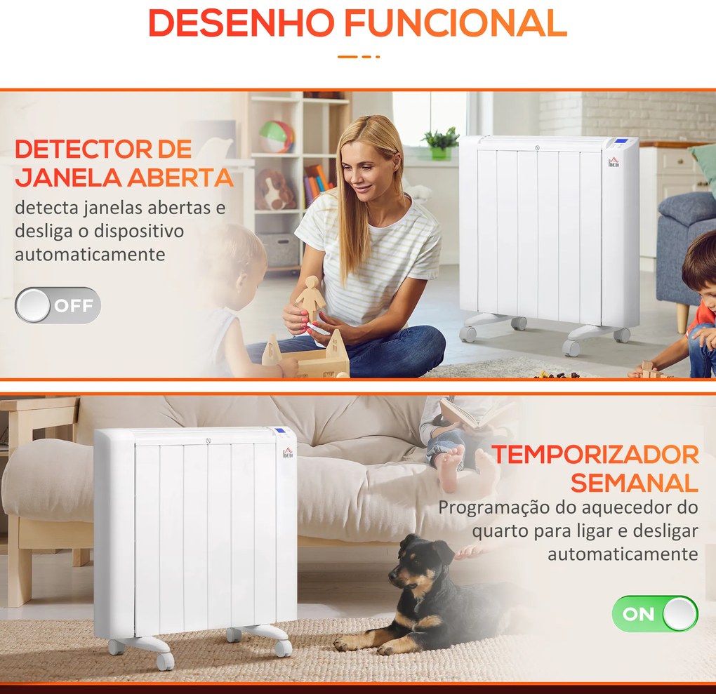 HOMCOM Aquecedor Elétrico 1500W Aquecedor Convector com Ecrã LCD 4 Modos Termostato Temporizador e 4 Rodas para Áreas de 12m² Alumínio 67x31x68cm Branco