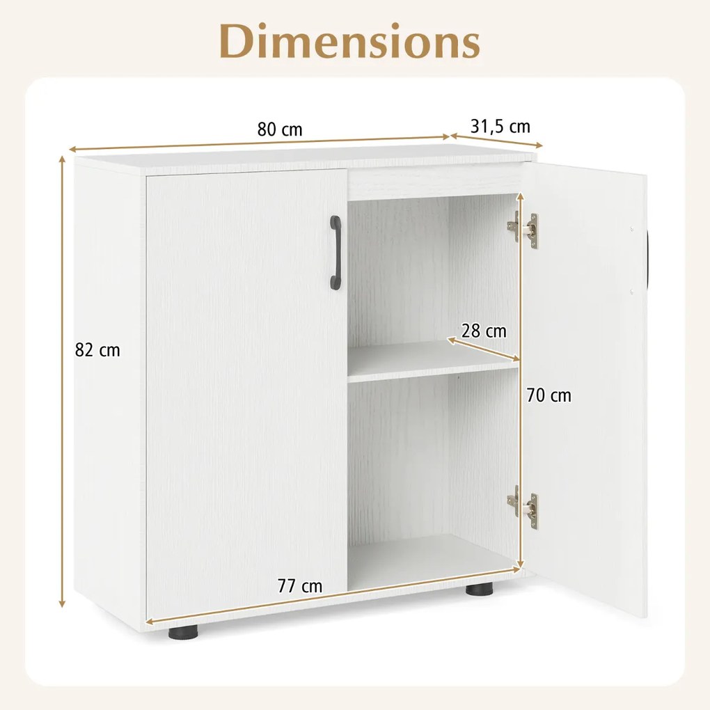 Armário de arrumação moderno de 2 portas com estante ajustável de 5 posições 80 x 31,5 x 82 cm Branco
