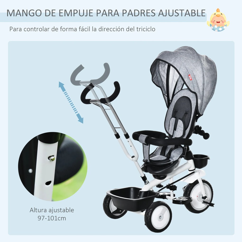 HOMCOM Triciclo para Bebé 2 em 1 Triciclo Evolutivo para Crianças de 1-5 Anos com Capô Dobrável Guiador Telescópico Grade de Proteção Removível e Apoio para os Pés 100x48x106cm Cinza