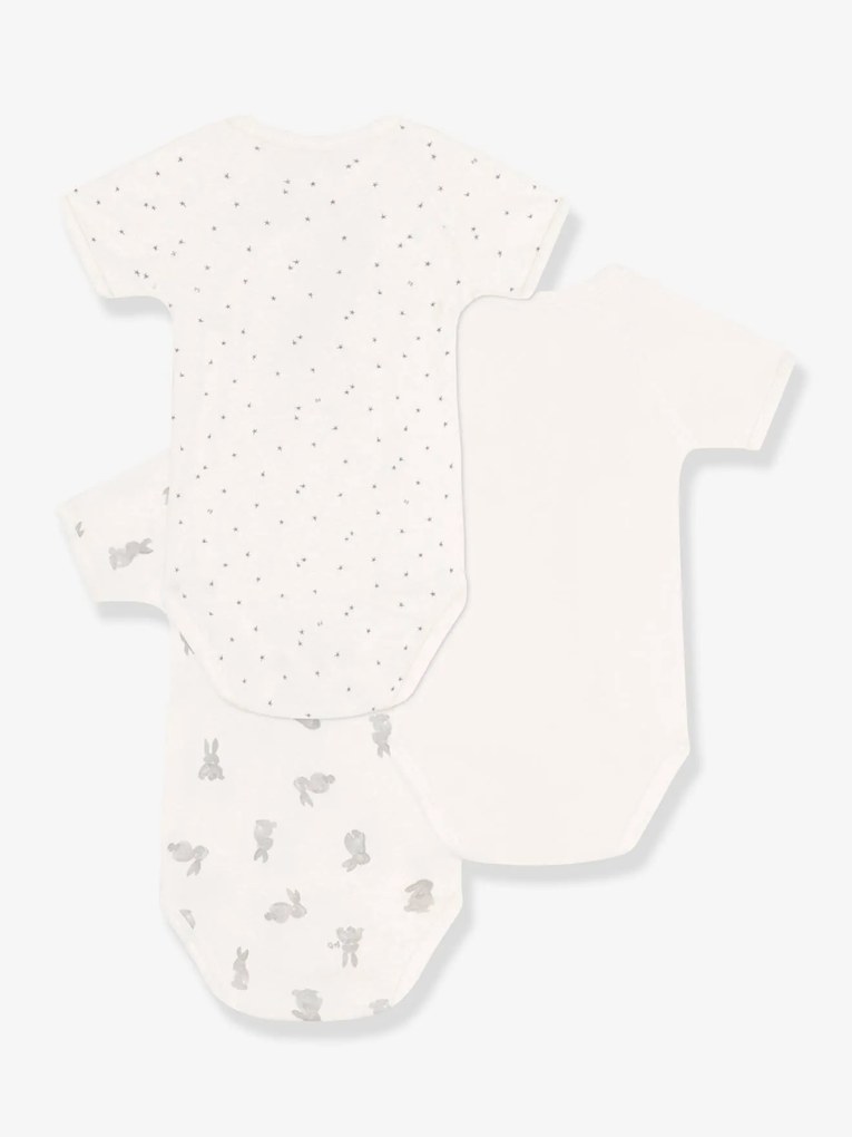 Lote de 3 bodies recém-nascido, de mangas curtas, em algodão bio, da Petit Bateau branco