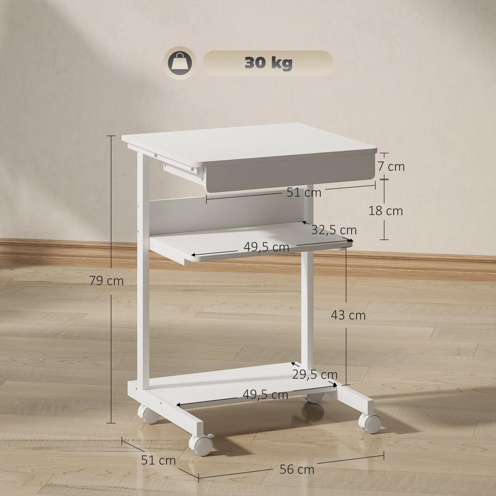 Secretária de computador com rodas, secretária com arrumação 56 x 51 cm com gaveta, compartimento e suporte para CPU, branca