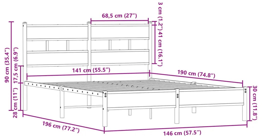 Cama sem colchão com cabeceira 140x190 cm carvalho sonoma