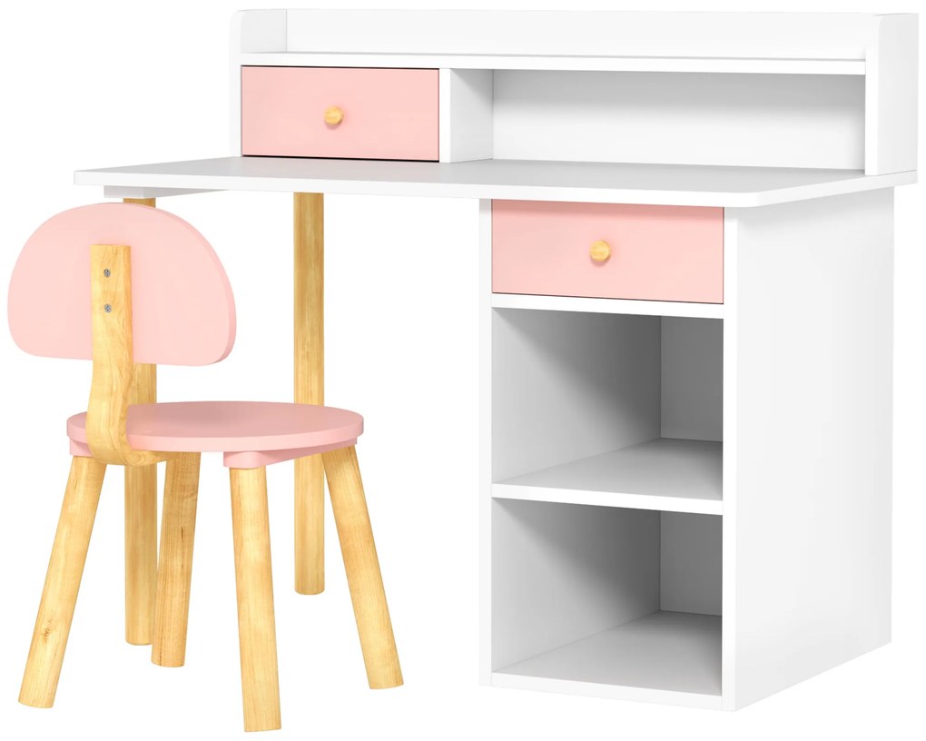 AIYAPLAY Secretária Criança Conjunto de Cadeira e Mesa de Estudo Infantil 85x48x73 cm Branco e Rosa com Prateleiras Gaveta Carga 80kg | Aosom Portugal