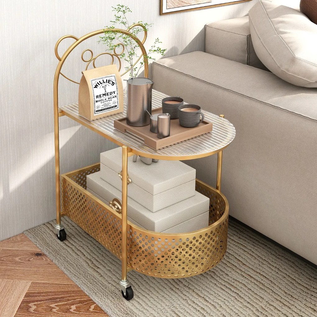 Mesa de centro de vidro móvel Mesa de apoio moderna de 2 níveis com padrão de urso Rodas de cesto de metal para sala de estar Dourada