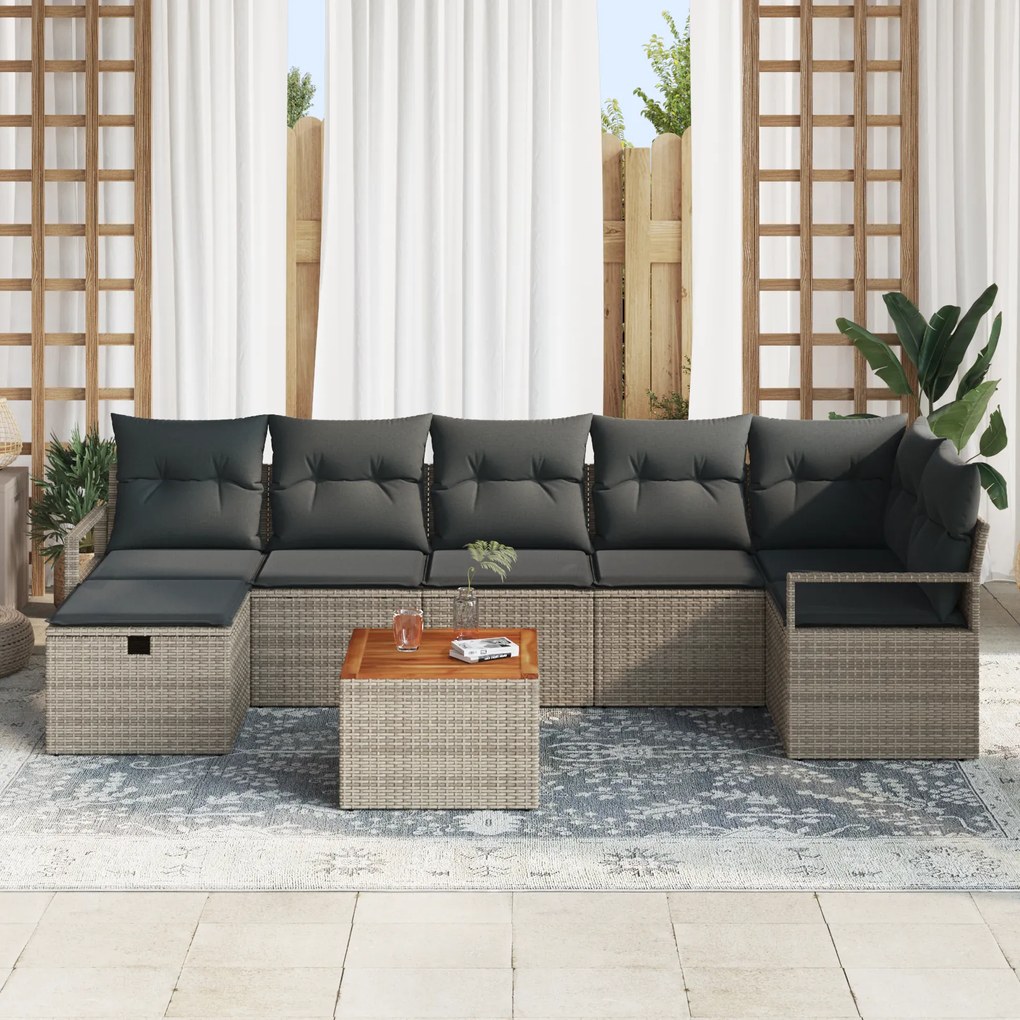 Conjunto de Sofá de Jardim 8 Peças com Almofadas Cinza Rattan Sintétic