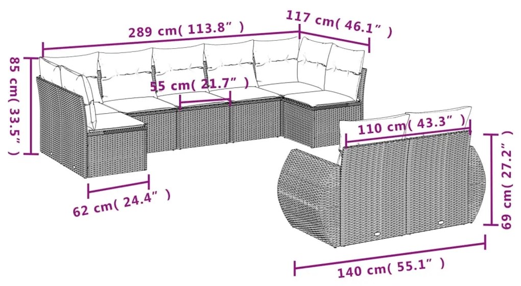 9 pcs conjunto sofás p/ jardim c/ almofadões vime PE castanho