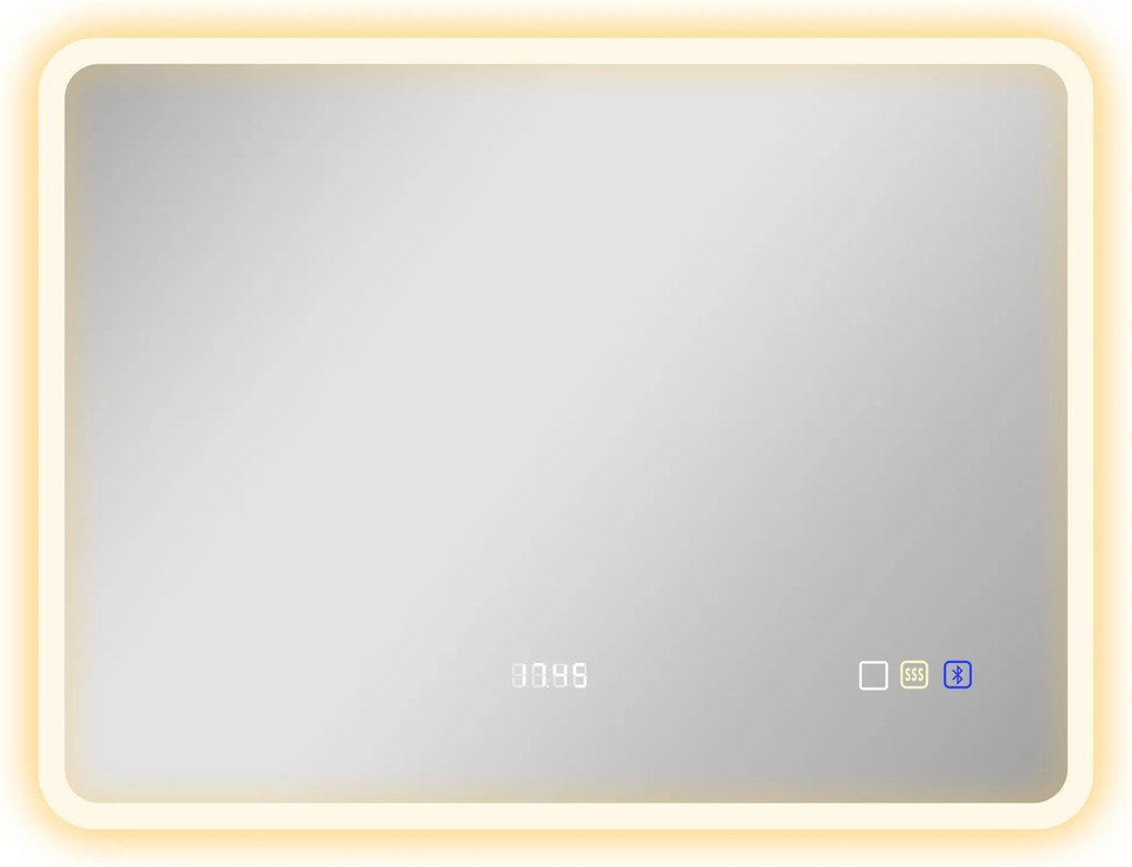 HOMCOM Espelho de Casa de Banho com Luz LED 80x60 cm Bluetooth 3 Cores de Luz Relógio Digital Função Antiembaciamento Função de Memória Prata | Aosom Portugal
