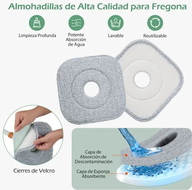 Conjunto de esfregona giratória com balde Sistema de separação de água limpa e suja Cabeça quadrada Autoescorregável Profunda 360° Cor verde