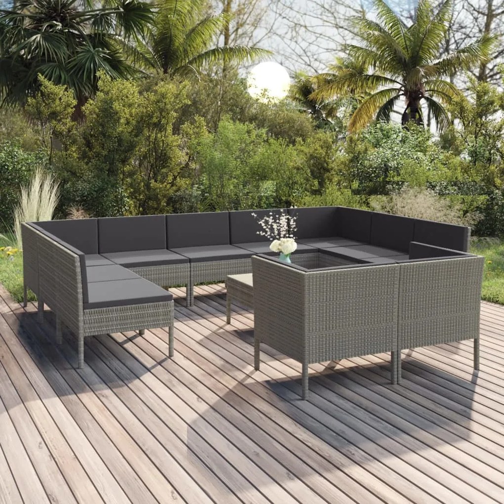 vidaXL 12 pcs conjunto lounge de jardim c/ almofadões vime PE cinzento