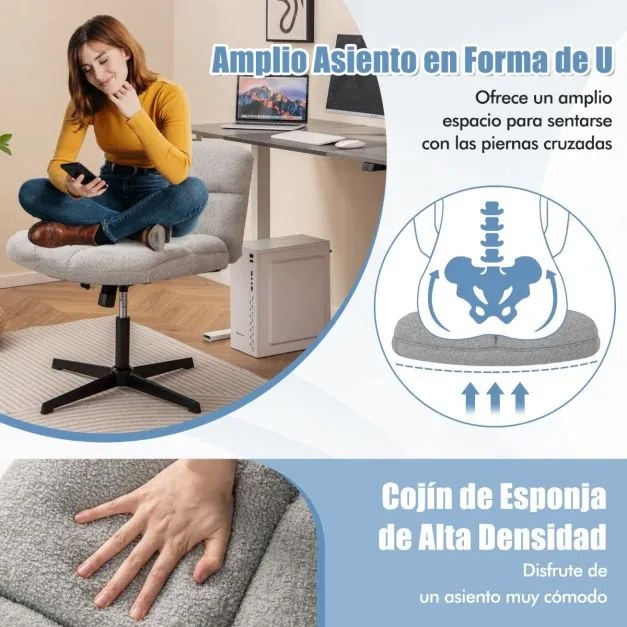 Cadeira giratória para escritório com superfície em tecido felpudo, altura ajustável, base em metal e elevador a gás premium, cinzenta