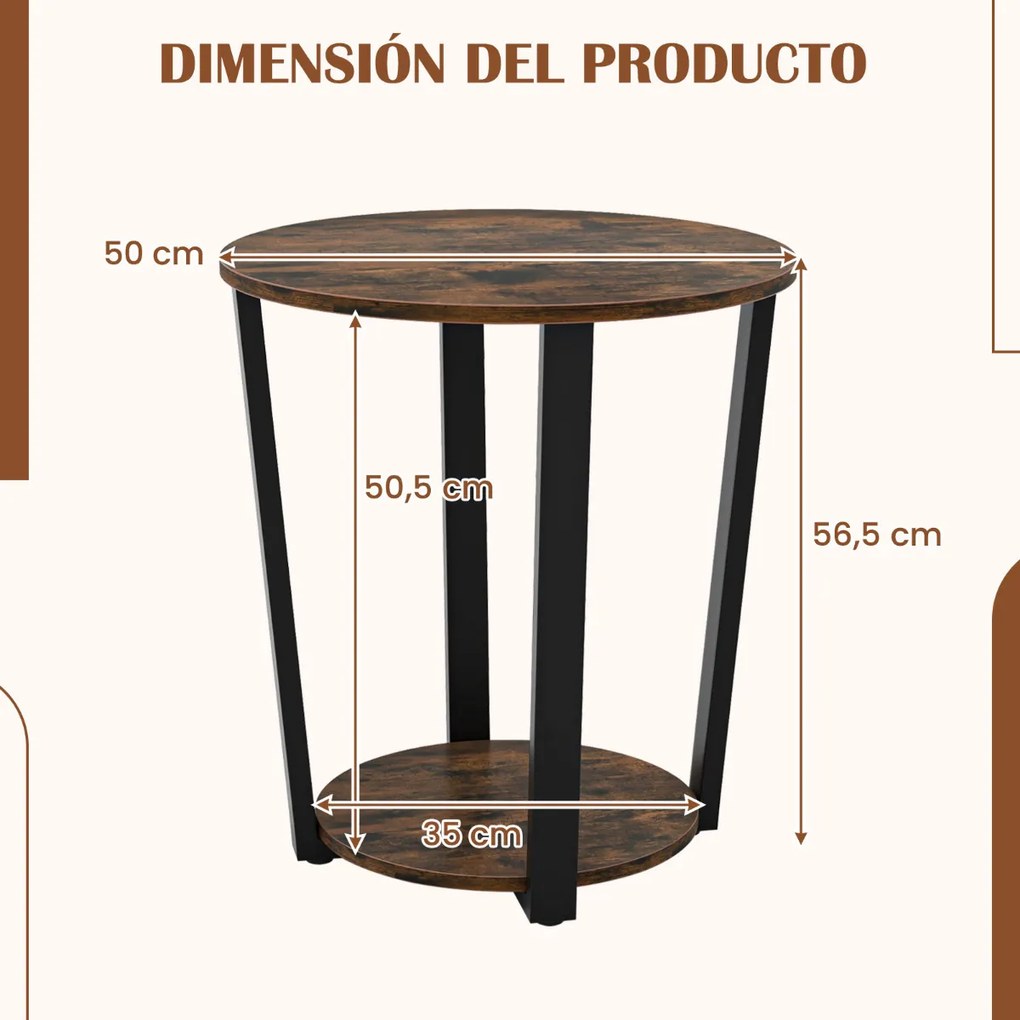 Mesa de apoio redonda de 2 níveis com estrutura metálica Mesa de cabeceira industrial para sala de estar Quarto Castanho rústico