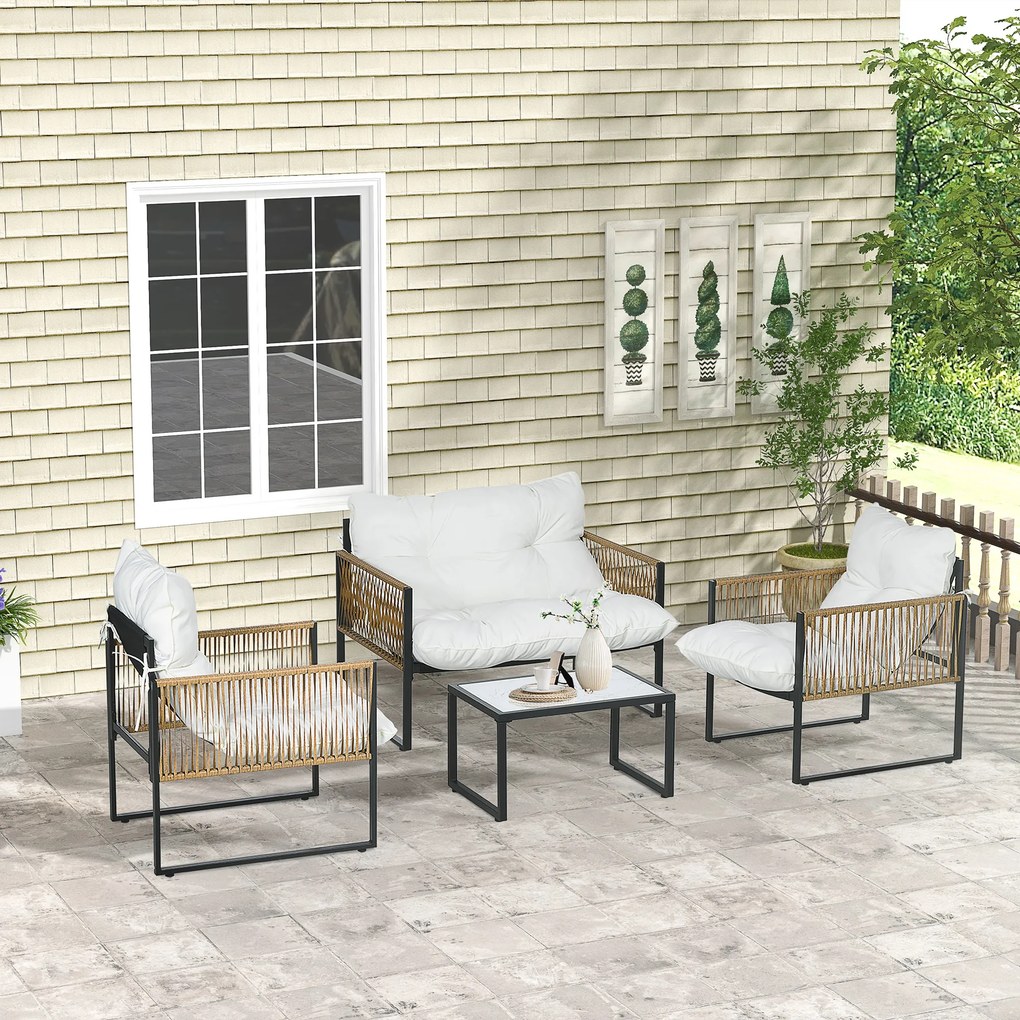 Conjunto de Jardim Exterior em Rattan Sintético com 2 Poltronas 1 Sofá de 2 Lugares 1 Mesa de Centro e Almofadas Creme