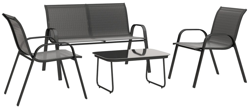 Conjunto de Jardim Exterior 4 Peças com 2 Cadeiras Empilháveis 1 Sofá de 2 Lugares e Mesa de Centro com Bancada de Vidro Temperado Preto