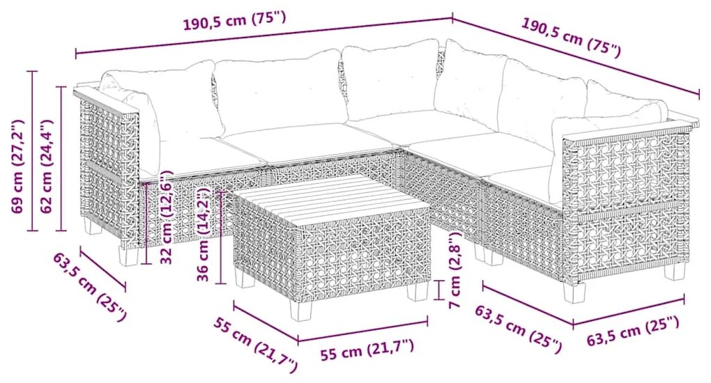 6 pcs conjunto de sofás p/ jardim com almofadões vime PE bege