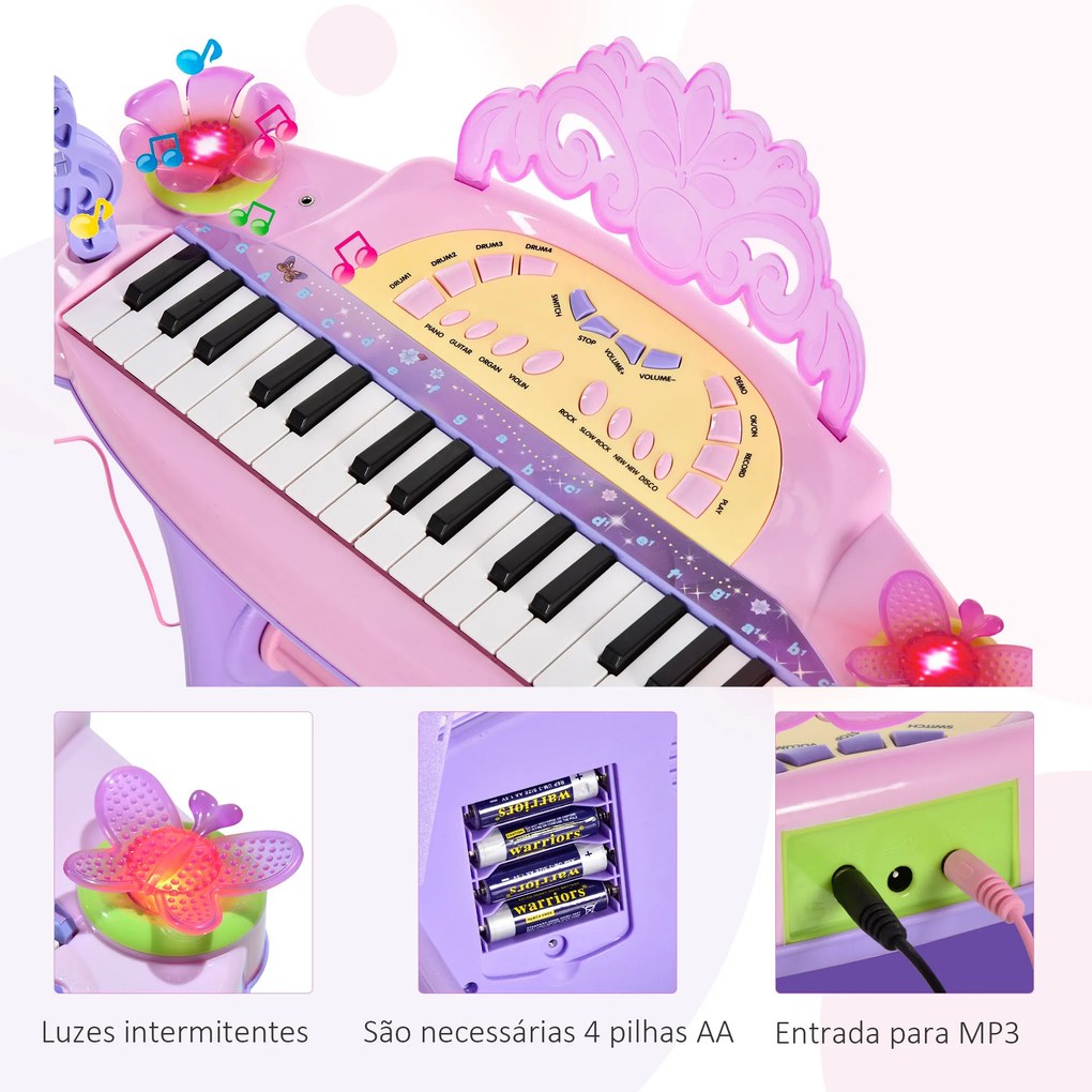 Piano Eléctrico Infantil 32 Teclas Piano Infantil com Microfone Banquinho Luzes Ritmos Sons MP3 Karaoke Rosa