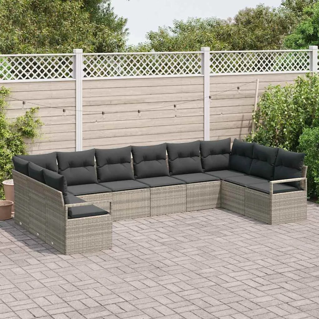Conjunto de sofá de jardim com 10 peças e almofadas cinza claro em rat
