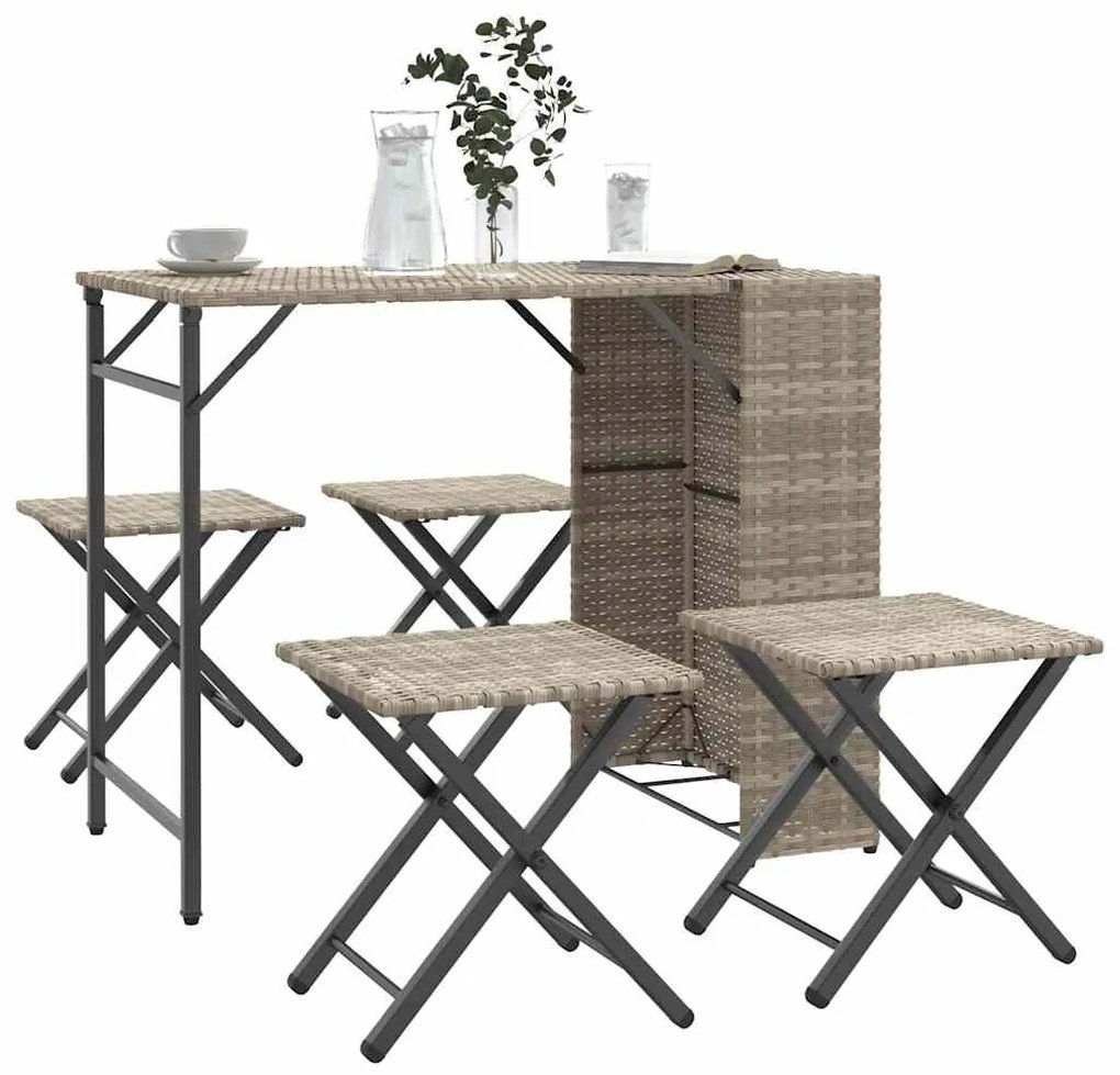 5 pcs conjunto de jantar p/ jardim dobrável vime PE cinza-claro