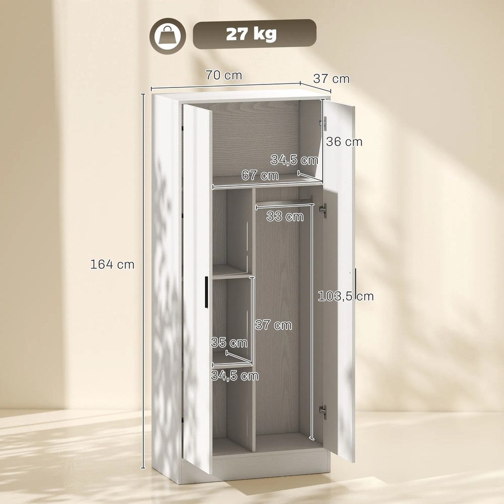Guarda roupa Moderno para Quarto com Barra para Pendurar e Prateleiras 70x37x164 cm Branco
