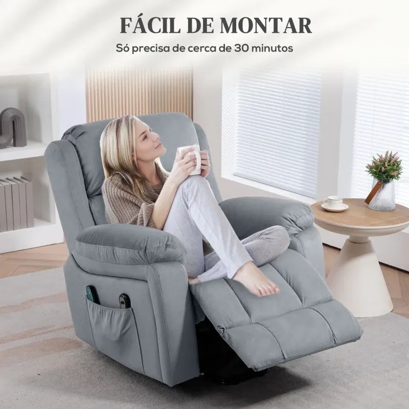 Poltrona Relax Reclinável Elétrica Elevatória com 8 Pontos de Massagem Aquecimento Lombar Revestida em Couro Sintético Cinzento