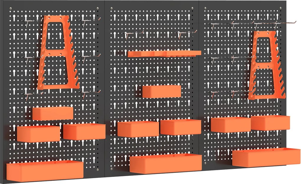 Organizador de Ferramentas de Parede de 33 Peças 120x60 cm com Ganchos Contentores e Prateleiras Preto e Laranja