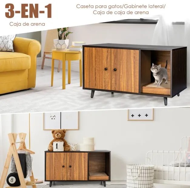 Caixa de areia oculta para gatos decorativa com porta dupla 90 x 50 x 50 cm cor de nogueira