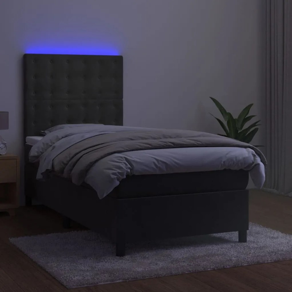 Cama box spring c/ colchão/LED 80x200 cm veludo cinzento-escuro