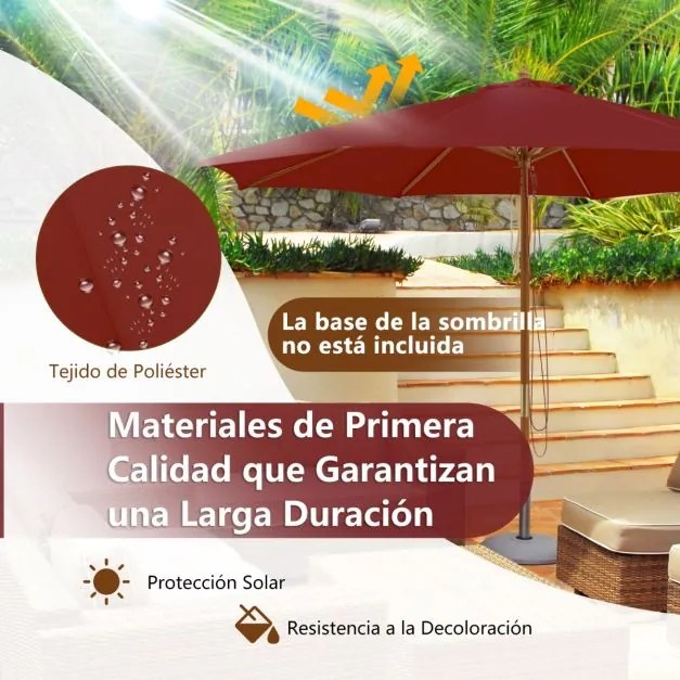 Guarda-sol 300 x 300 x 262 cm com 8 varas de bambu com elevação por roldana e orifício de ventilação para praia ou jardim Vermelho vinho
