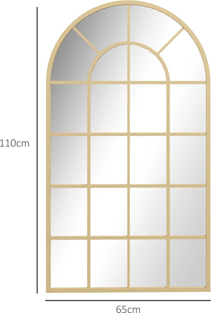 Espelho com vidro em arco, estilo industrial, janela em arco de metal, 110 x 65 cm, dourado