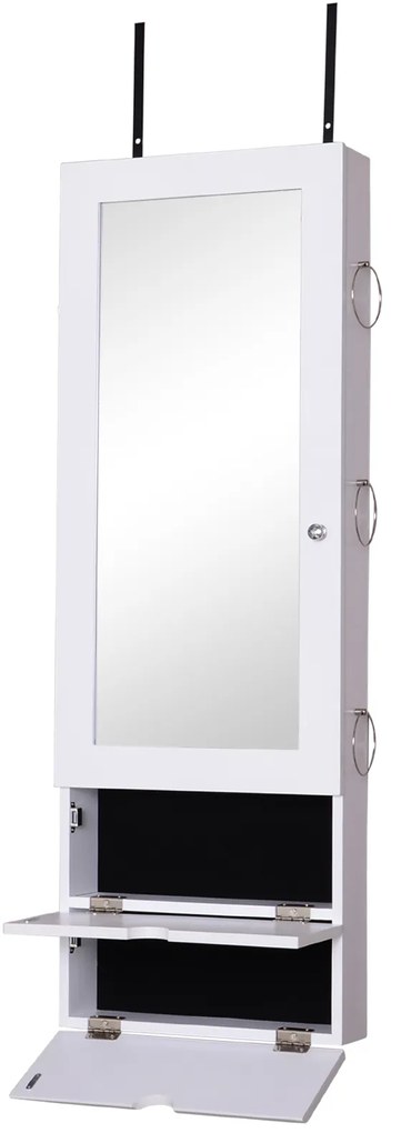HOMCOM Espelho com Móvel de Bijuterias de Parede ou Porta Armário Porta Jóias com Altura Ajustável 2 Prateleiras Fechadas com Portas e Organizador de Jóias 35,5x9,5x102cm Branco