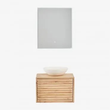 Conjunto De Móveis De Banheiro De Madeira Suspensos Deleyna Madeira Natural & Cimento Redondo Branco Ø40 Cm Zavion & Led - Sklum