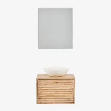 Conjunto De Móvel De Casa De Banho Suspenso 60x45 Cm Em Madeira Deleyna Madeira Natural & Cimento Redondo Branco Ø40 Cm Zavion & Led - Sklum