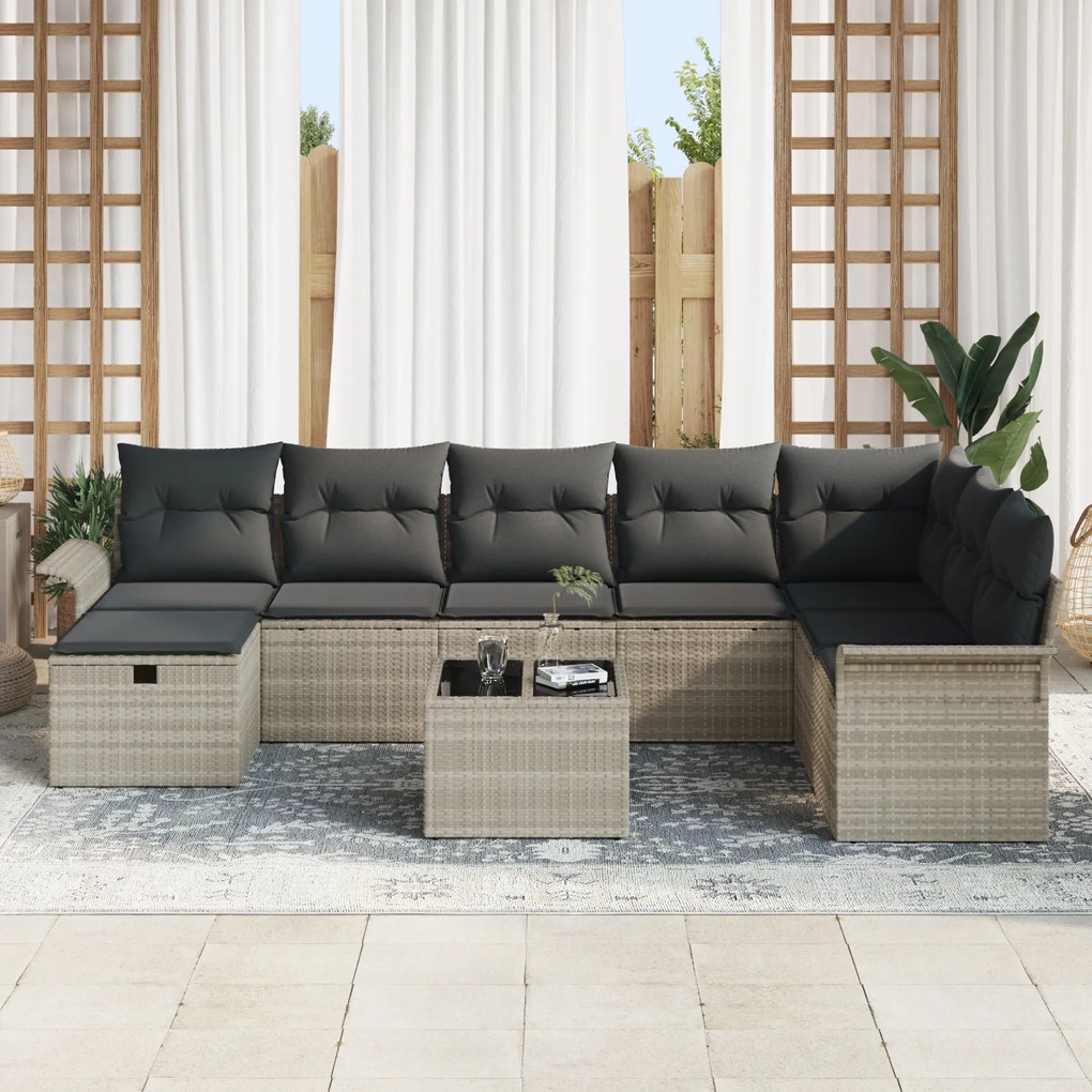 Conjunto de Sofá de Jardim de 9 Peças com Almofadas Cinza Claro de Rat