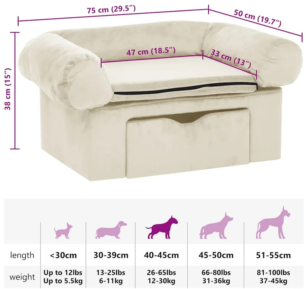 Sofá para cães com gaveta 75x50x38 cm pelúcia cor creme