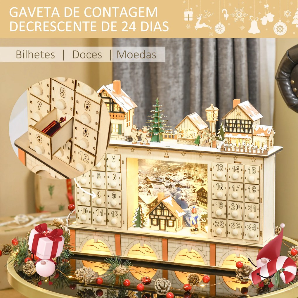 Calendário de Advento de Madeira com Luzes e 24 Gavetas de Contagem Regressiva Decoração de Natal 44x10x37 cm Madeira