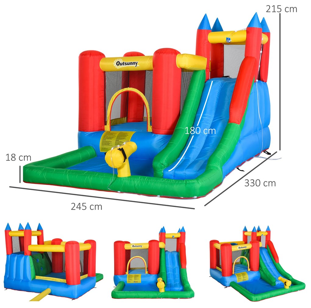 Outsunny Castelo Insuflável com Escorrega Trampolim Piscina e Pistola de Água para Crianças acima de 3 Anos com Inflador e Bolsa de Transporte para Interior Exterior 330x245x215cm Multicor