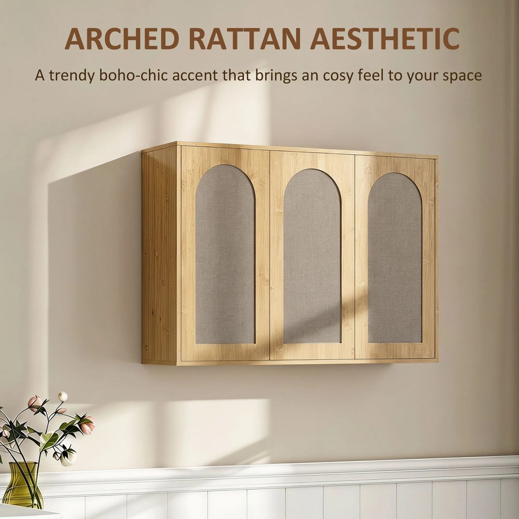 Armário de parede para casa de banho de estilo boémio 88,5 (L) x 30 (P) x 60 (A) cm com 3 portas com efeito de vime e fecho suave e prateleira ajustáv