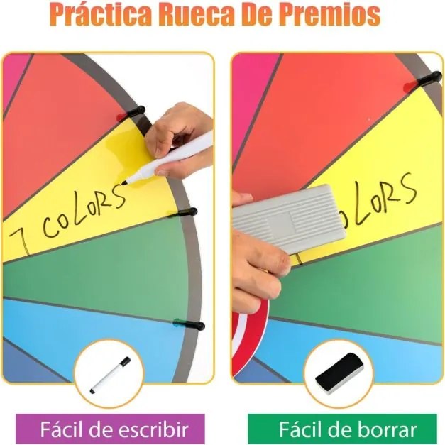 Roleta da Sorte Φ 60 cm Altura ajustável com base e 14 ranhuras personalizável Jogo com caneta apagável para festas Multicolorida