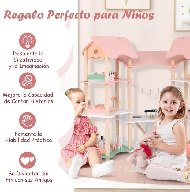 Casa de Bonecas de Madeira para Crianças 3-8 Anos 7 Quartos 3 Níveis 32 Peças de Mobiliário Realista Acessórios Teto Rosa