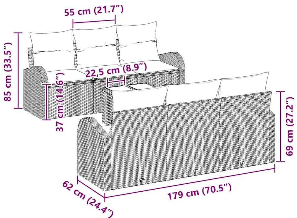 Conjunto de Sofá de Jardim de 7 peças com Almofadas Preto Vime PE